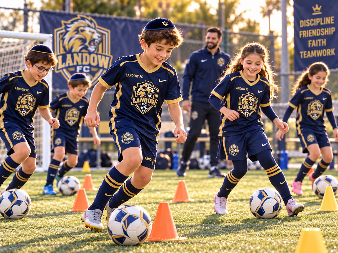 Landow FC players dribbling through cones at practice