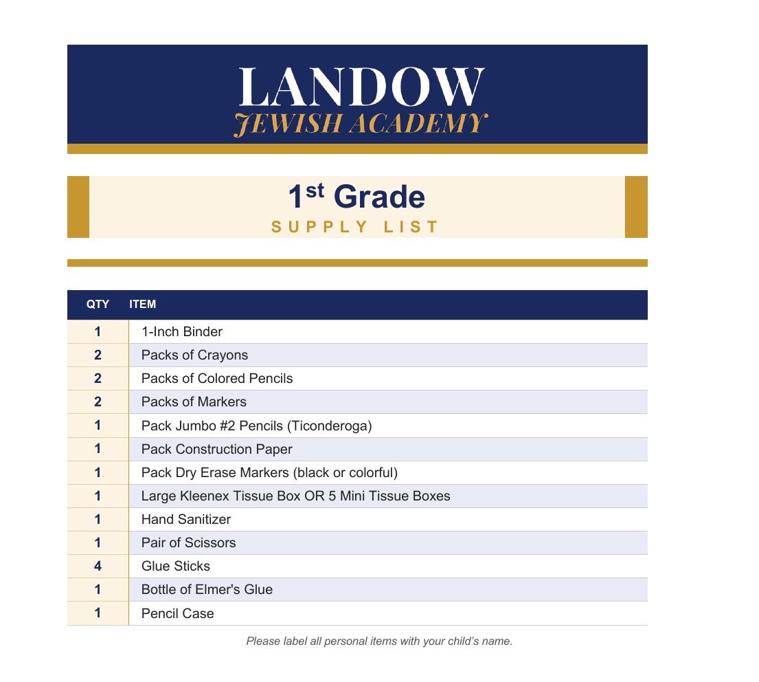 1st Grade supply list