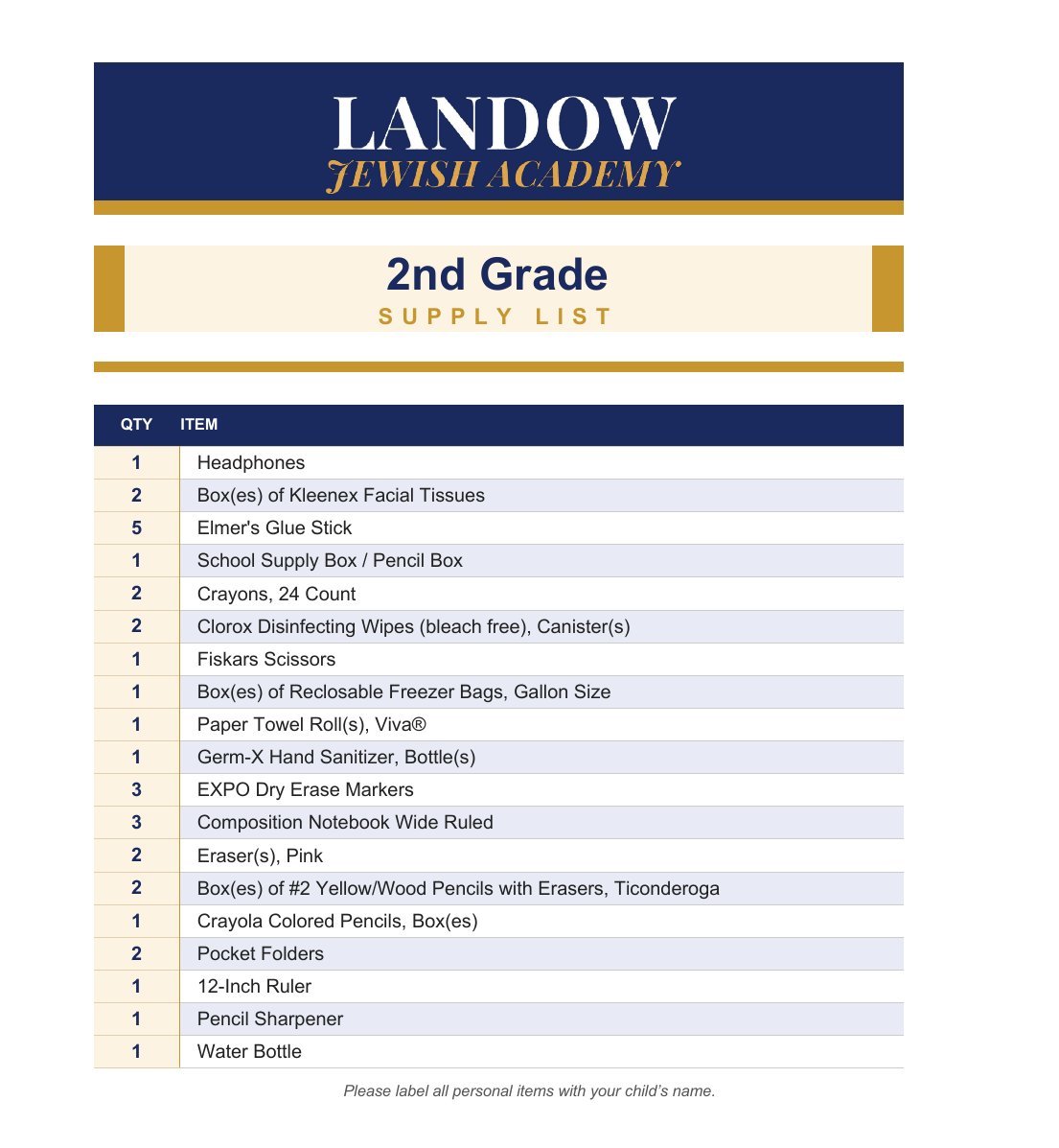 2nd Grade supply list