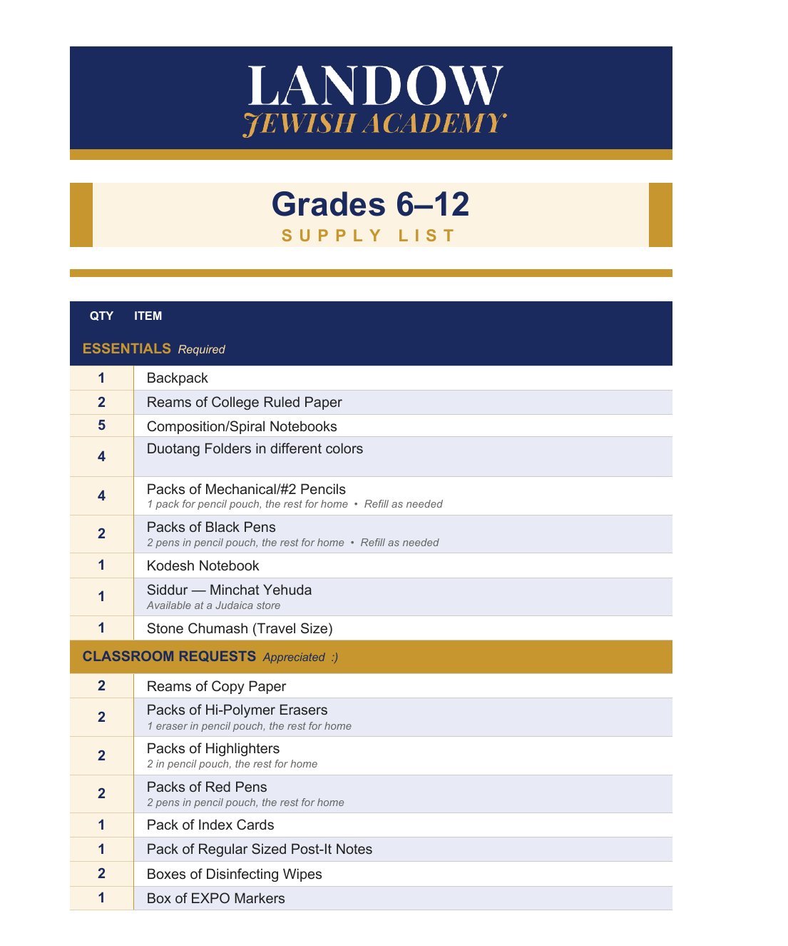 6th - 12th Grade supply list