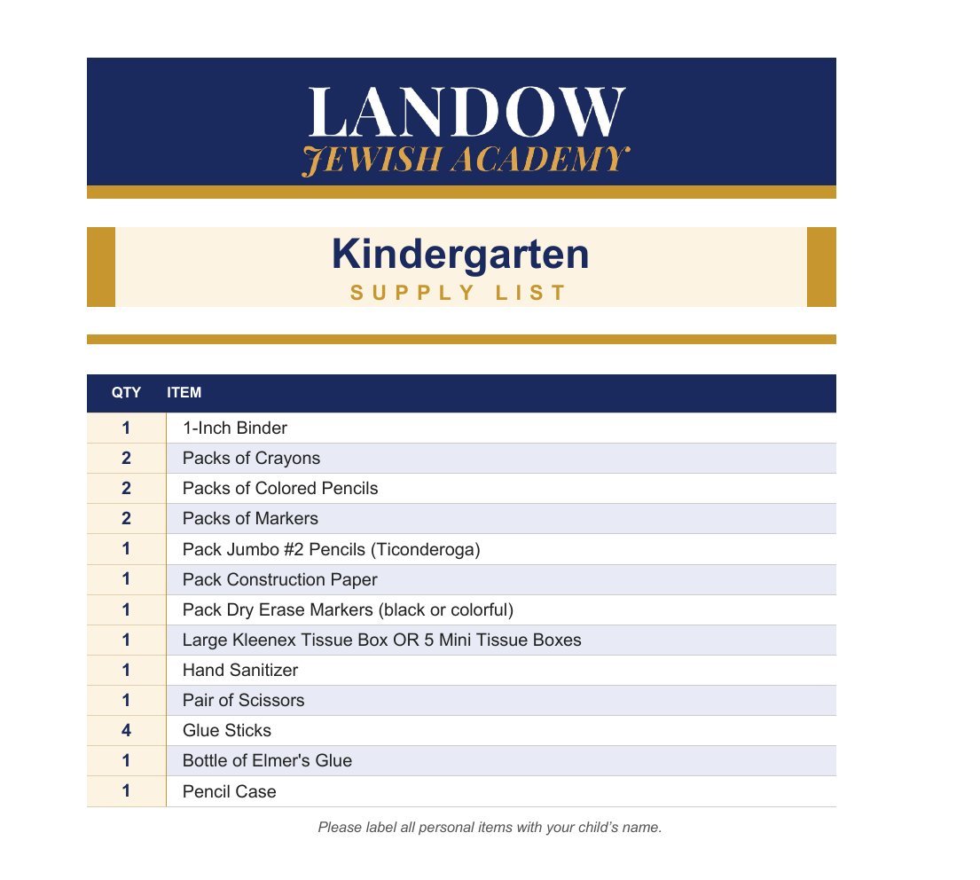Kindergarten supply list